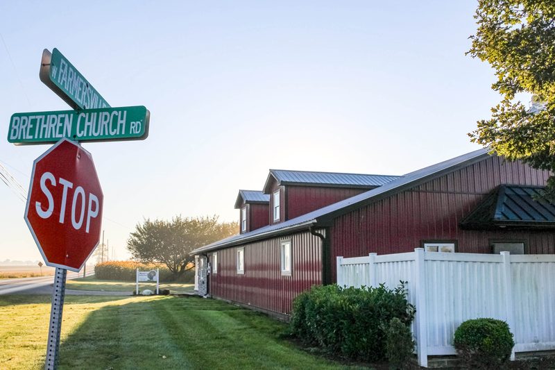 Farmersville Rd and Brethren Church Rd signs by the Weaver's Turkey Farm store in Leola, PA
